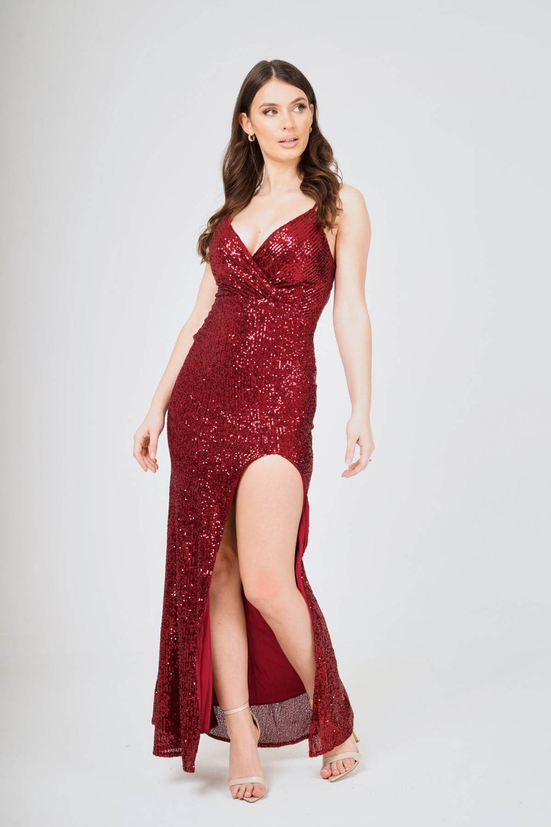 Champagne Side-Split Sequin Maxi Dress