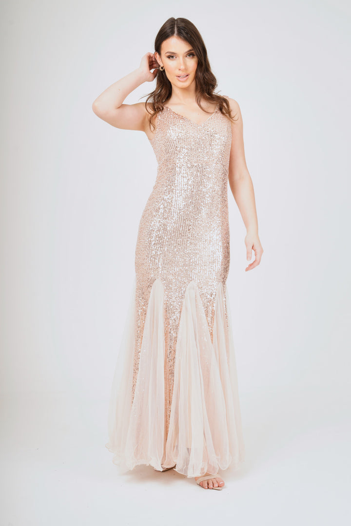 Sequin Mesh Insert Maxi Dress