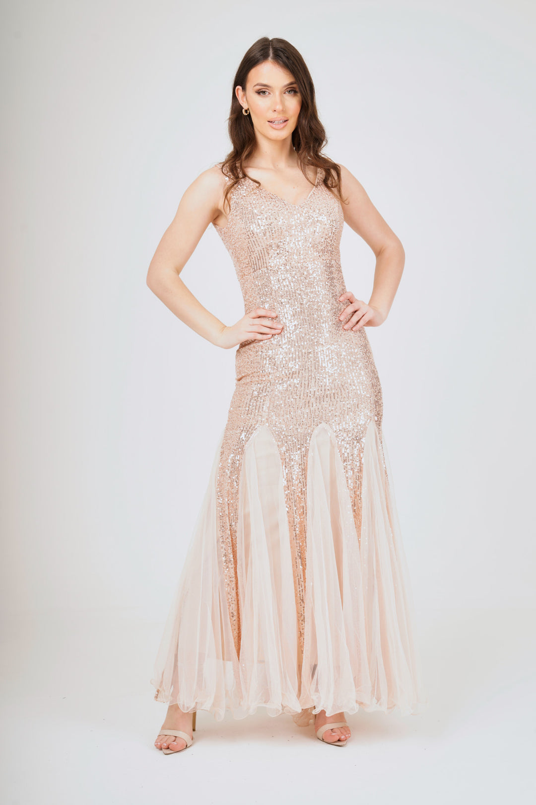 Sequin Mesh Insert Maxi Dress