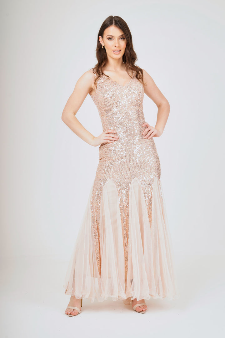 Sequin Mesh Insert Maxi Dress