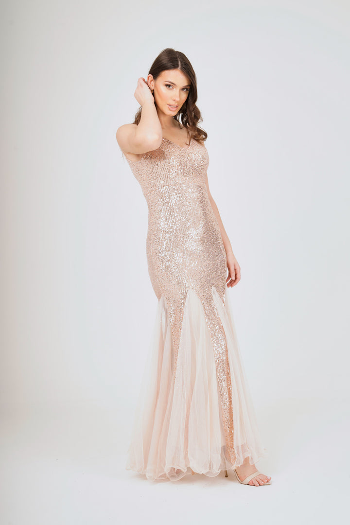 Sequin Mesh Insert Maxi Dress