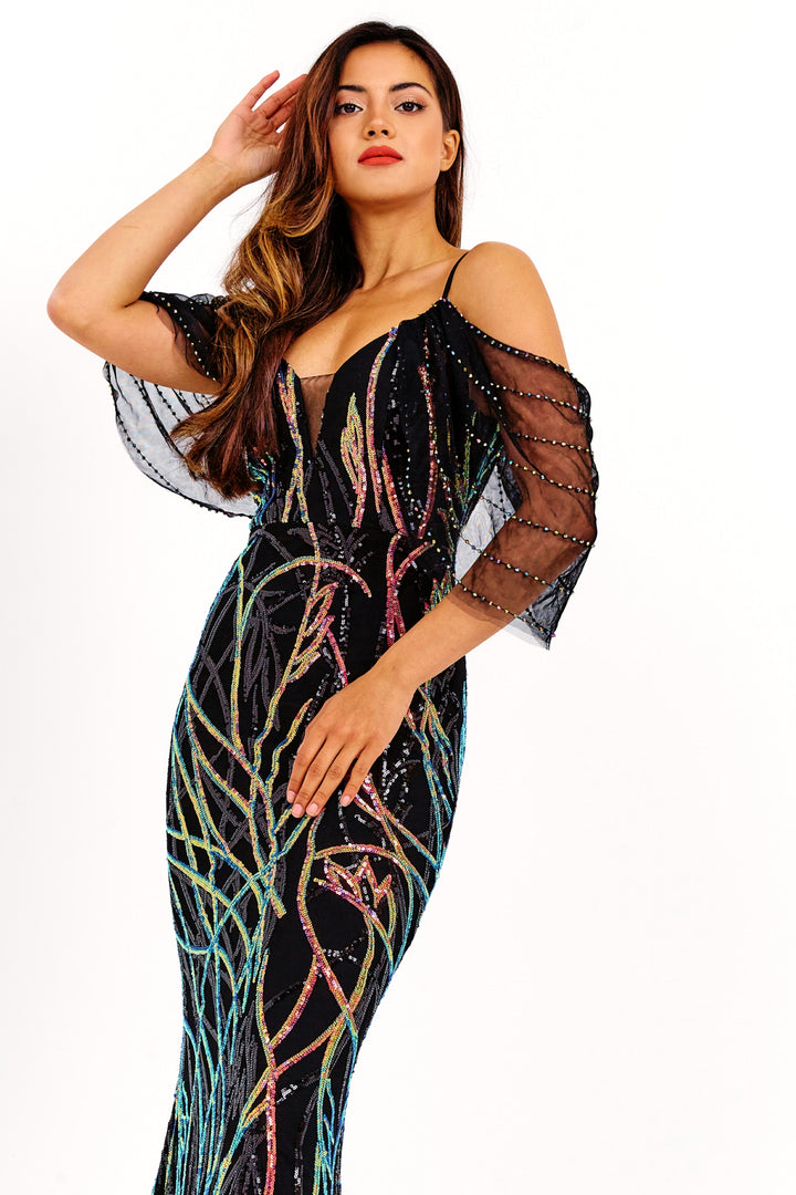 Black 3D Swirled Sequin Embroidered Maxi Dress