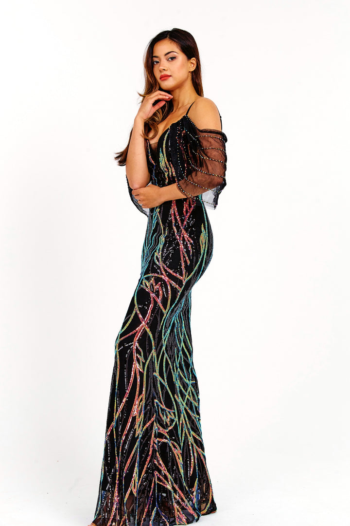 Black 3D Swirled Sequin Embroidered Maxi Dress