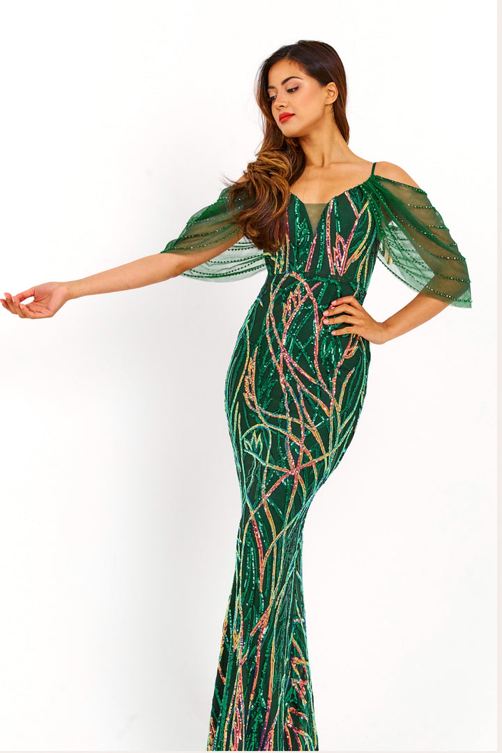 Emerald 3D Swirled Sequin Embroidered Maxi Dress