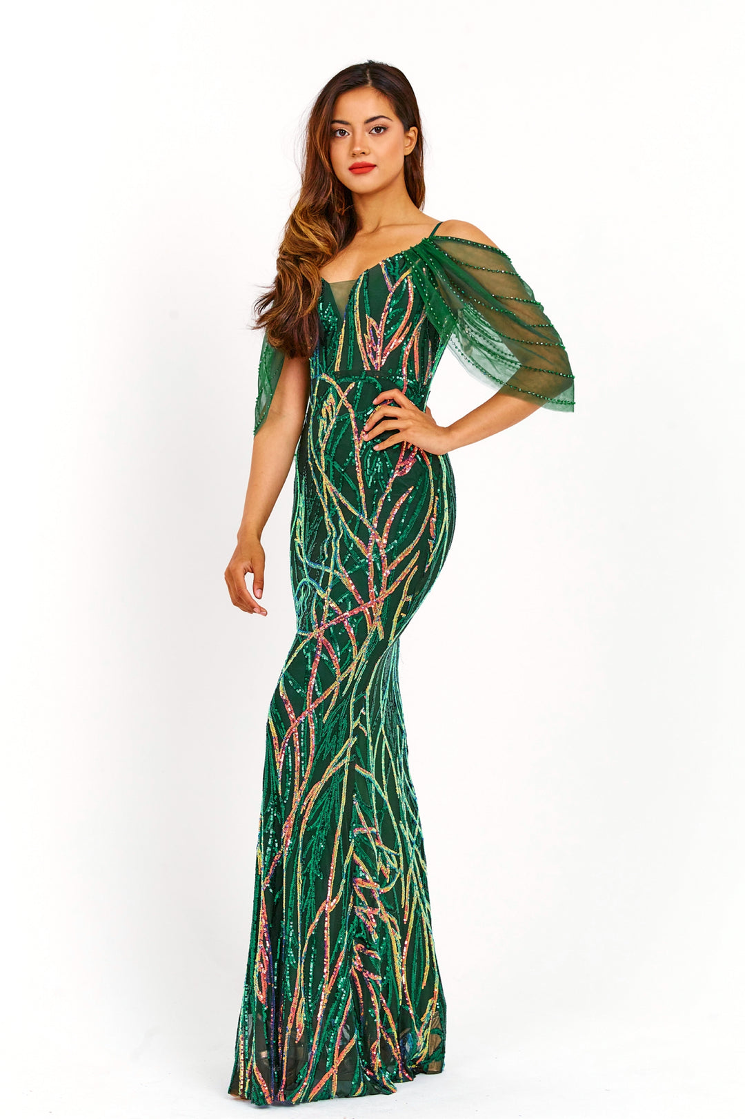 Emerald 3D Swirled Sequin Embroidered Maxi Dress