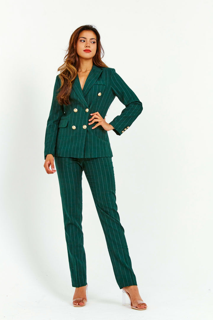 Green Pinstriped Double Breasted 2-Piece Suit