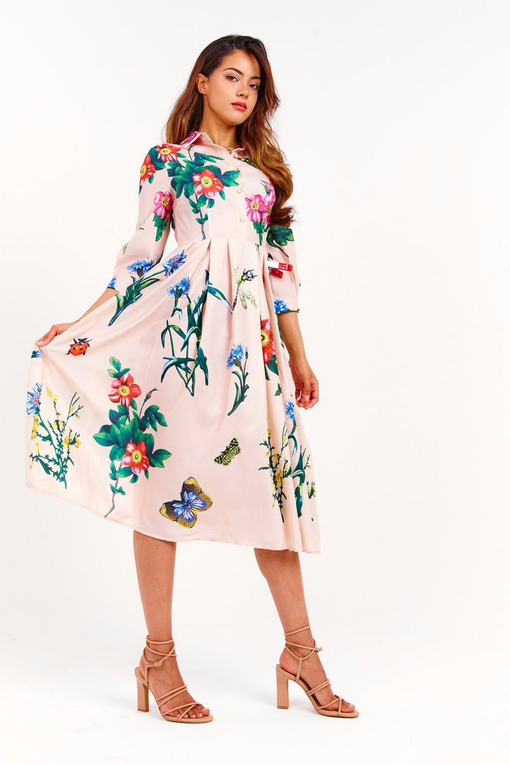 Beige Floral Pleated Midi Dress - Full Side View
