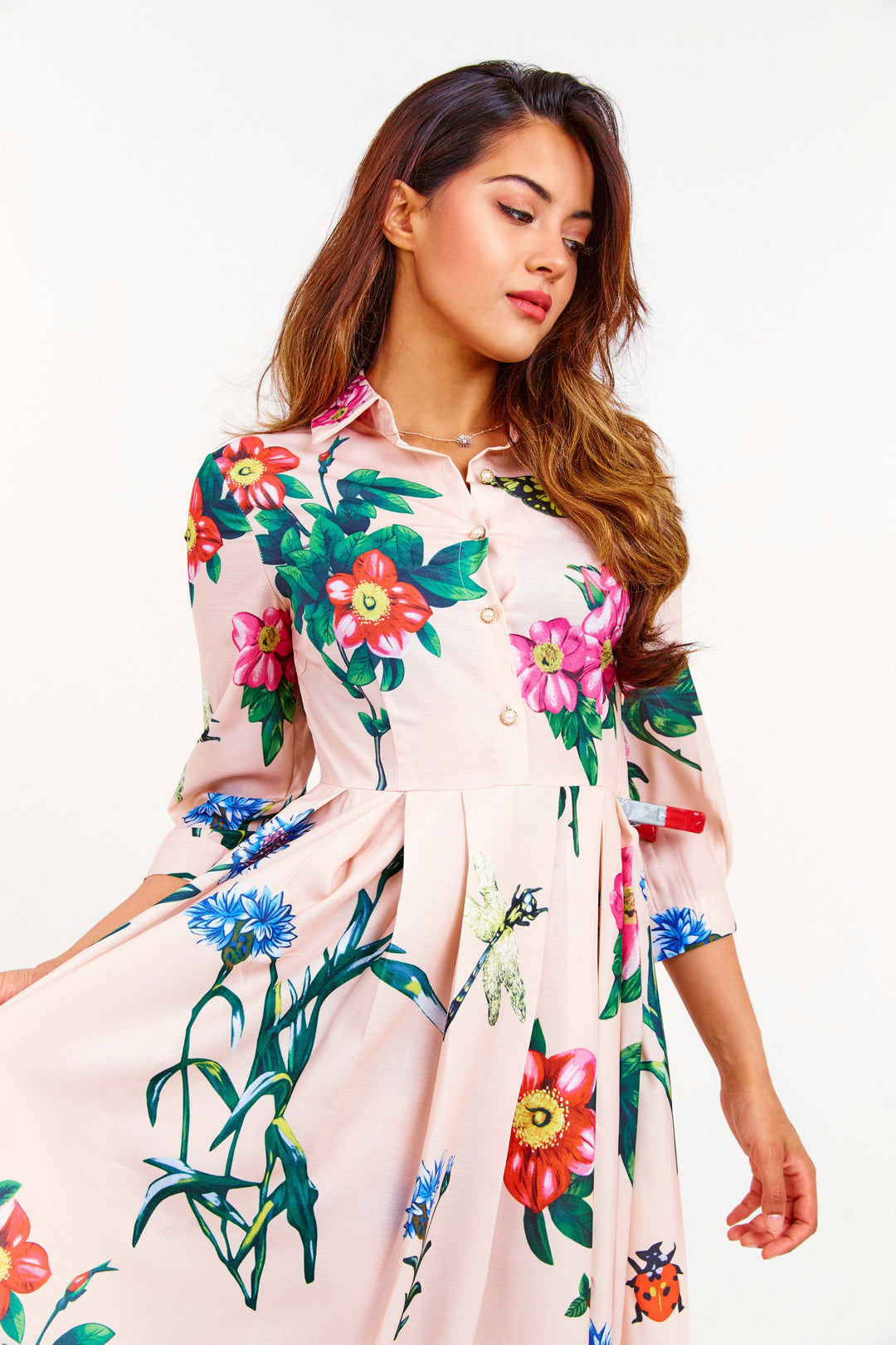 Beige Floral Pleated Midi Dress - Close Up View 2