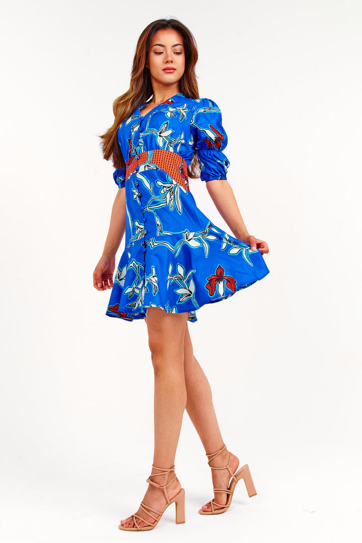 Blue Floral Ruffle Button Front Mini Dress