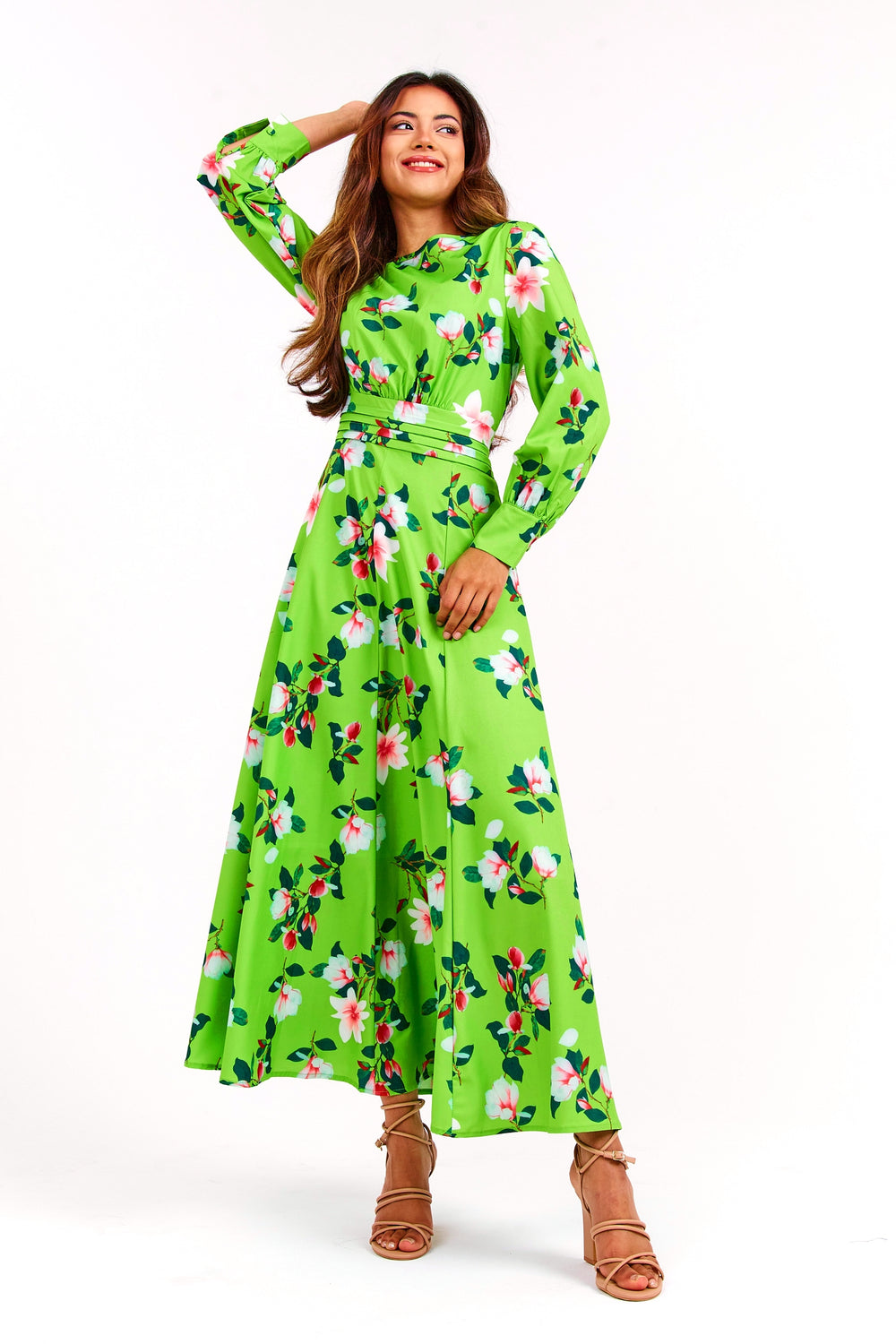 Green Floral Long Maxi Dress - Full Side View 1