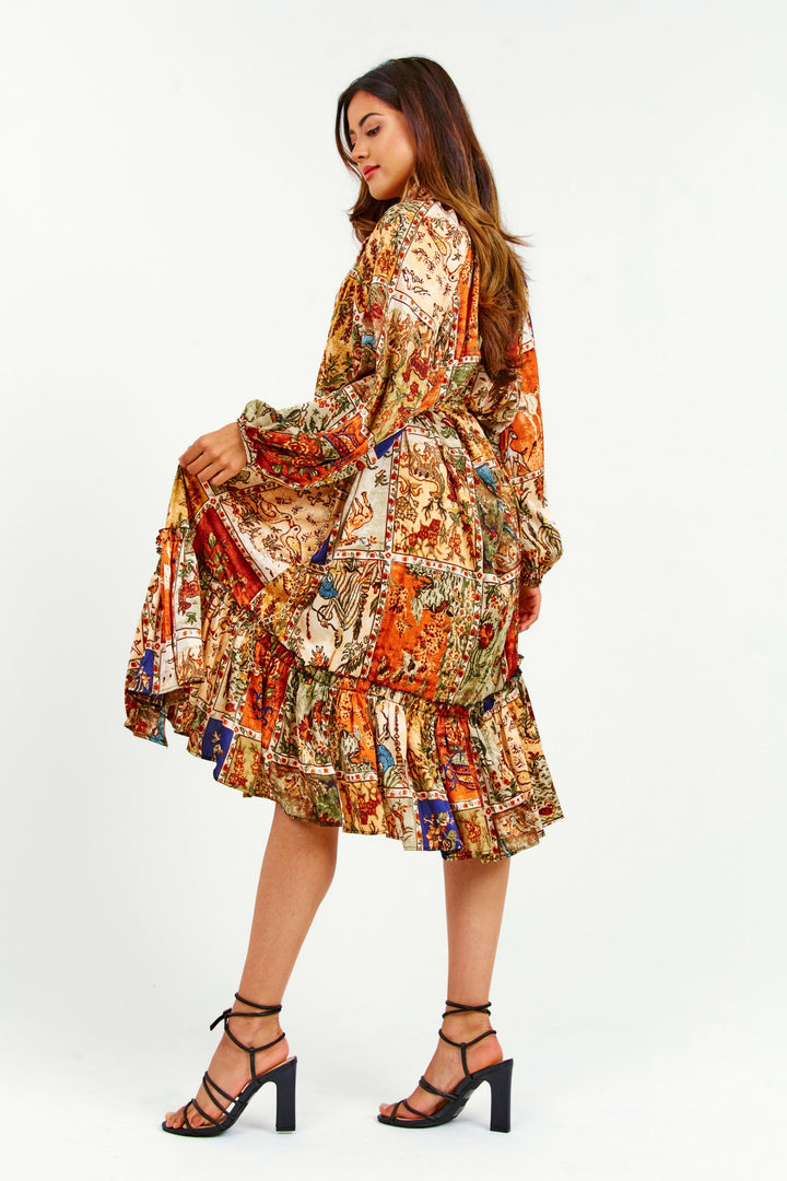 Oriental Print Ruffle Midi Dress