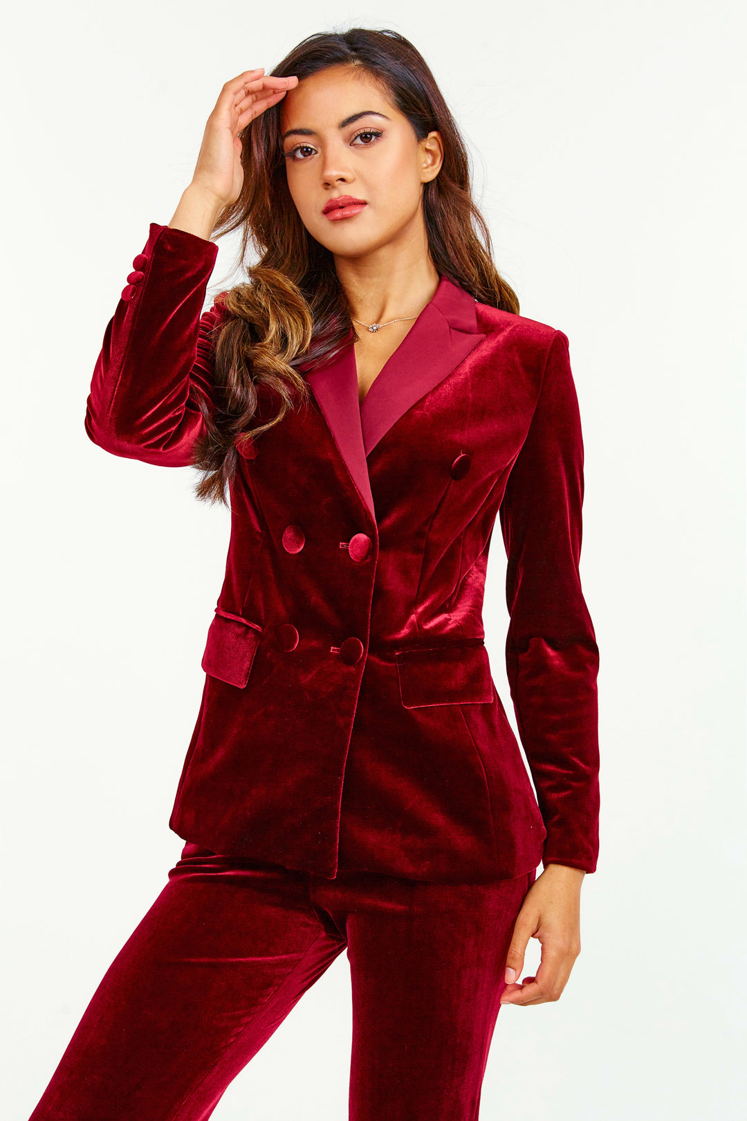 Blood Red Velvet 2 Piece Suit - Close Front View 1