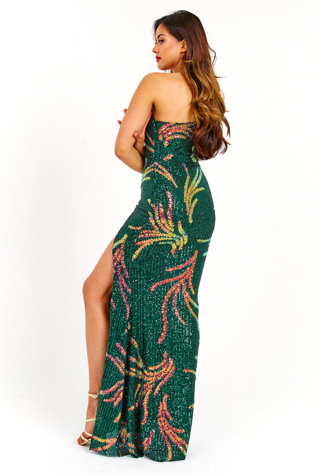 Emerald Green Sequin Embroidered Side Split Maxi Dress