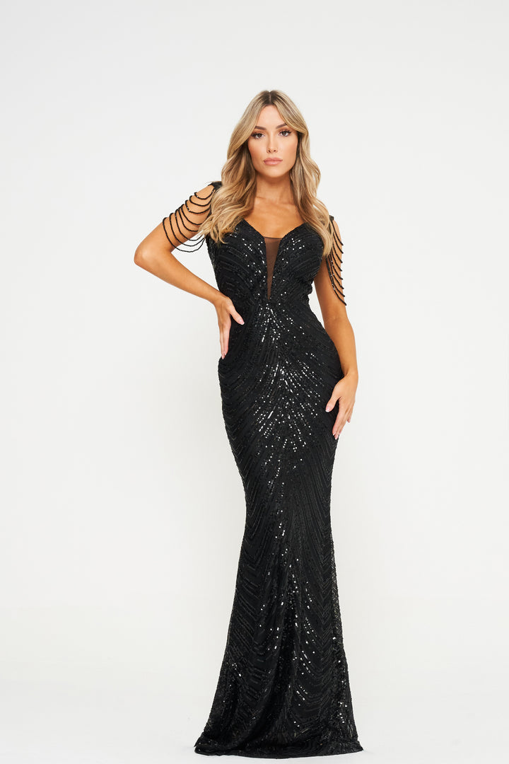 Black Jewelled Sleeve Sequin Maxi Dress