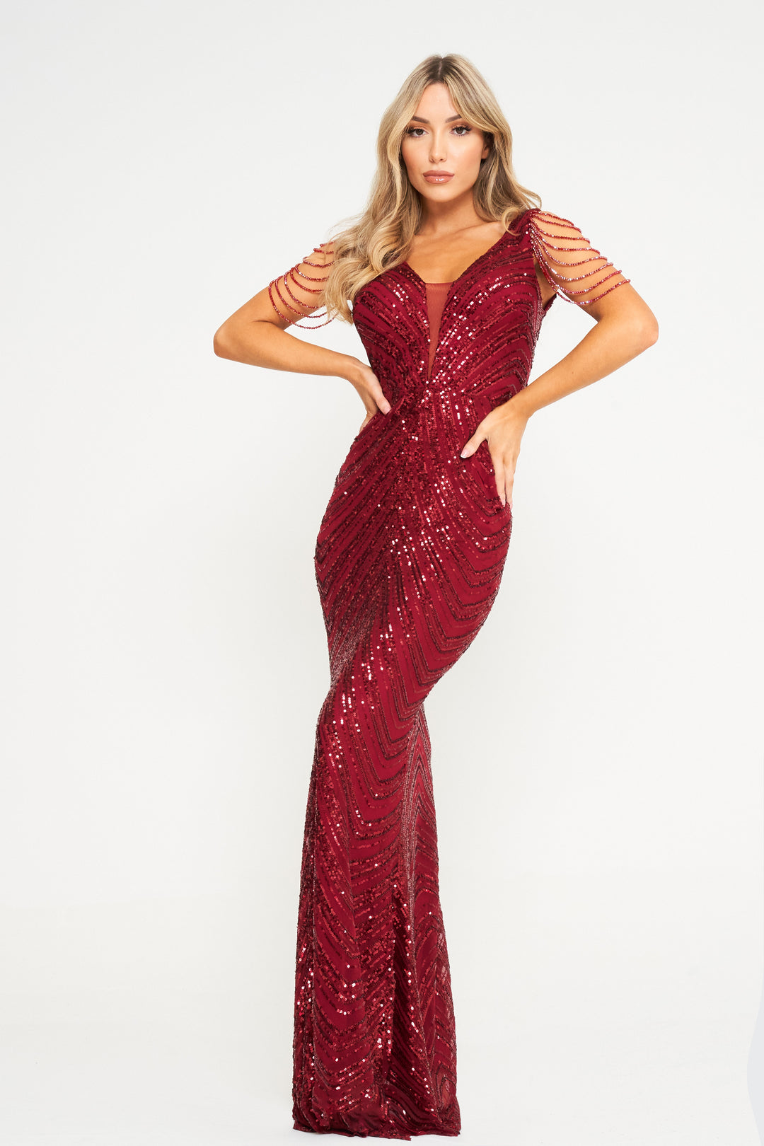 Nuri - Wine Jewelled Sleeve Sequin Maxi Dress
