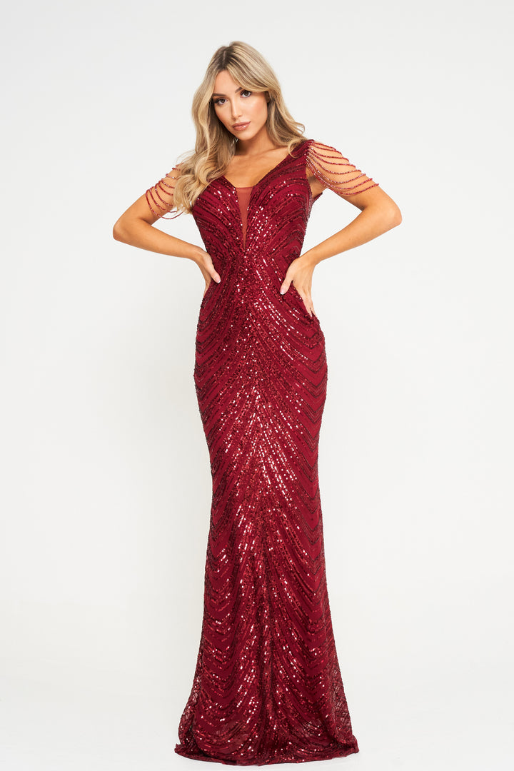 Nuri - Wine Jewelled Sleeve Sequin Maxi Dress