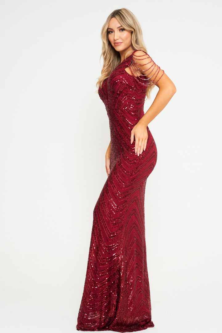 Nuri - Wine Jewelled Sleeve Sequin Maxi Dress