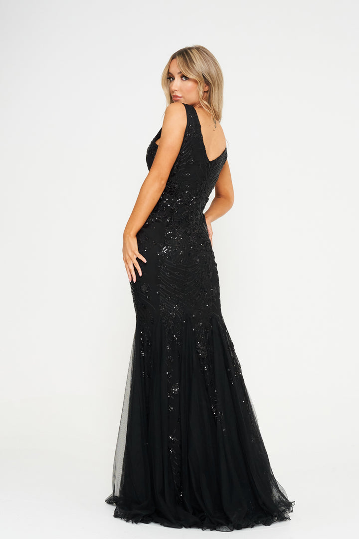 Black Floral Mesh Sequin Maxi Dress - Back View