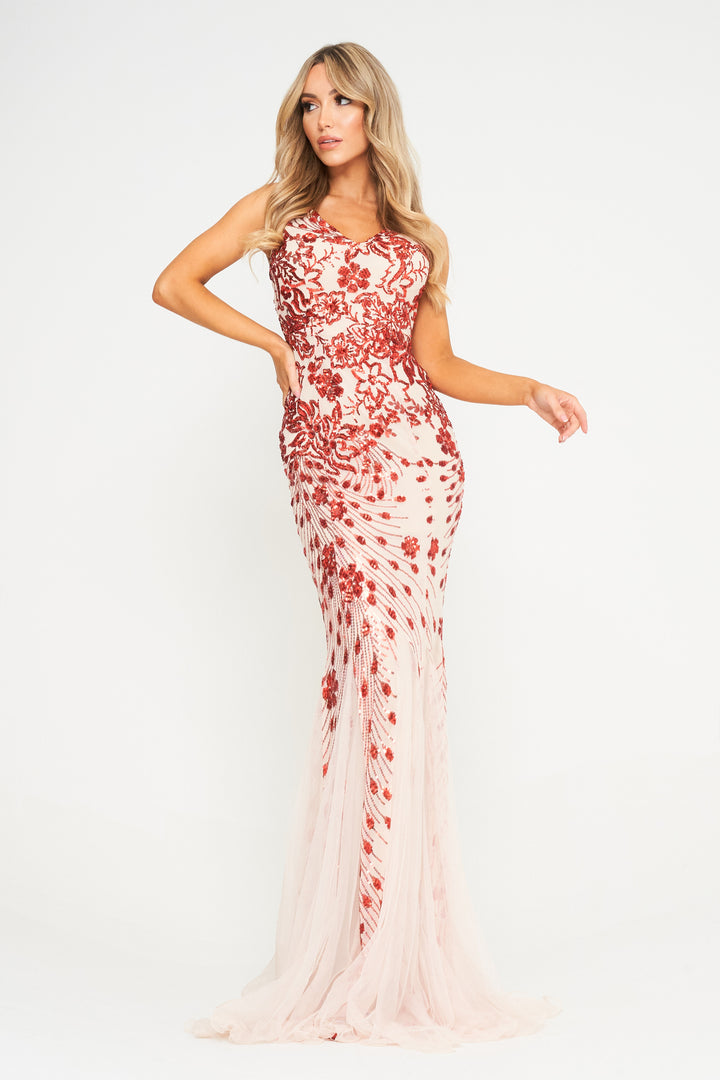 Red Sequin Champagne Mesh Insert Maxi Dress - Front View 2
