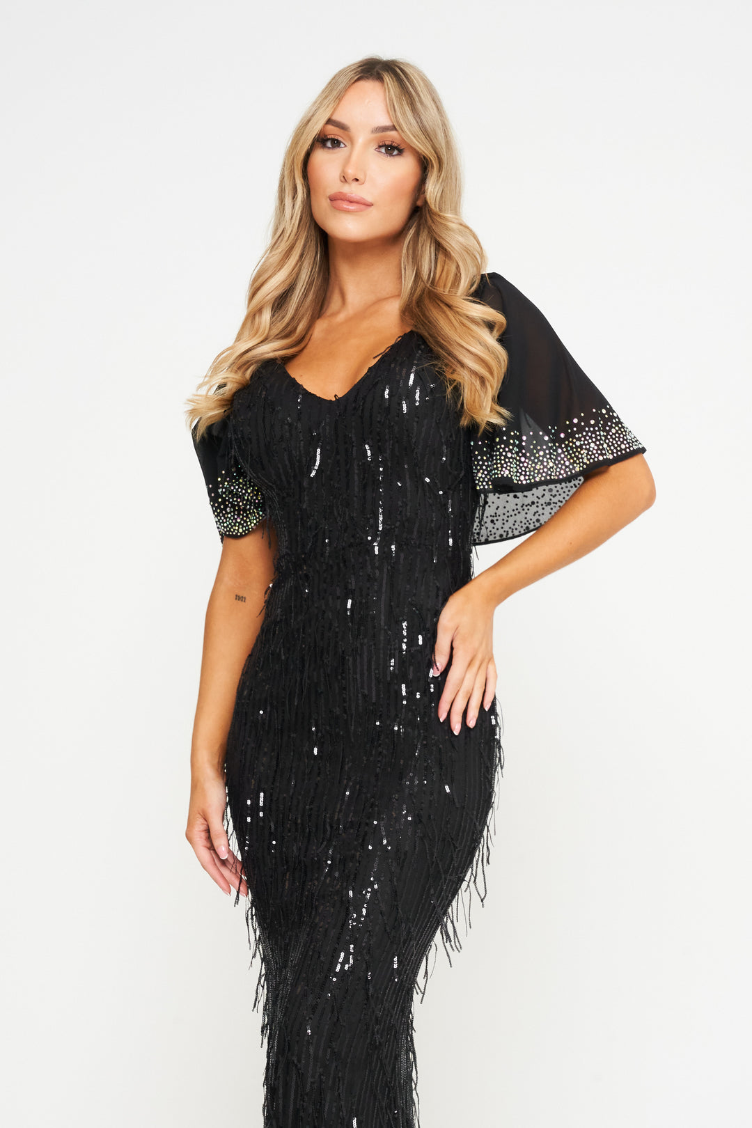 Black Butterfly Sleeve Sequin Maxi Dress - Close Front View