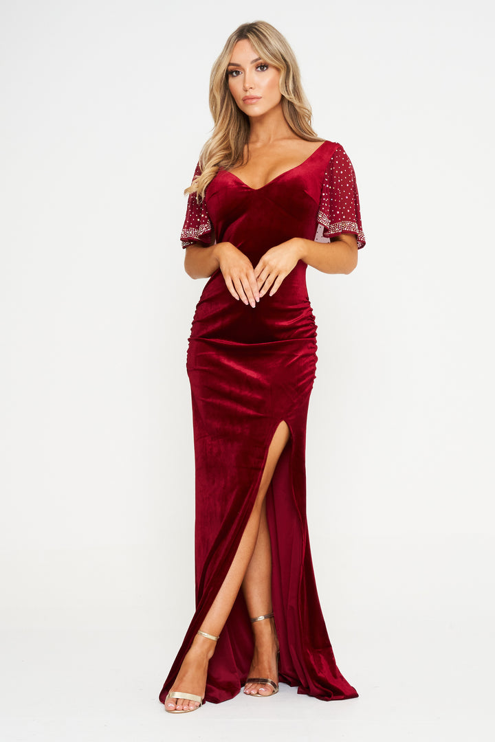 Wine Flared Sleeve Velvet Maxi Dress - Offset Front View 1