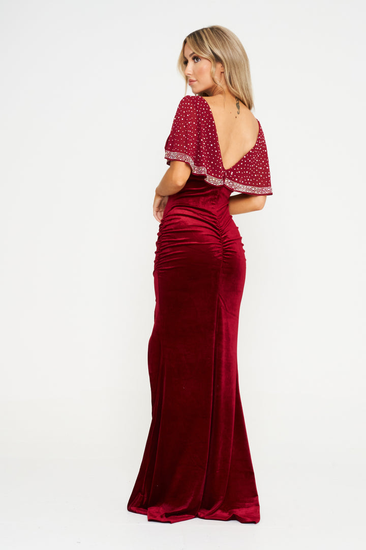 Wine Flared Sleeve Velvet Maxi Dress - Back View 1