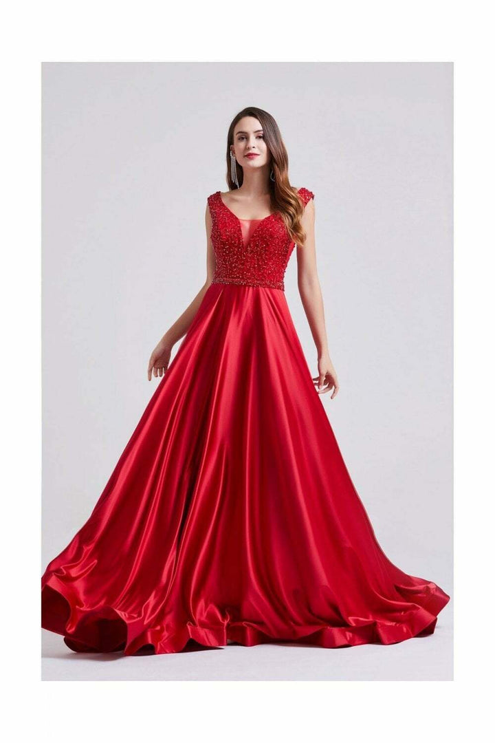Red Sequinned Bust Maxi Deep V-Neck Dress - Front View