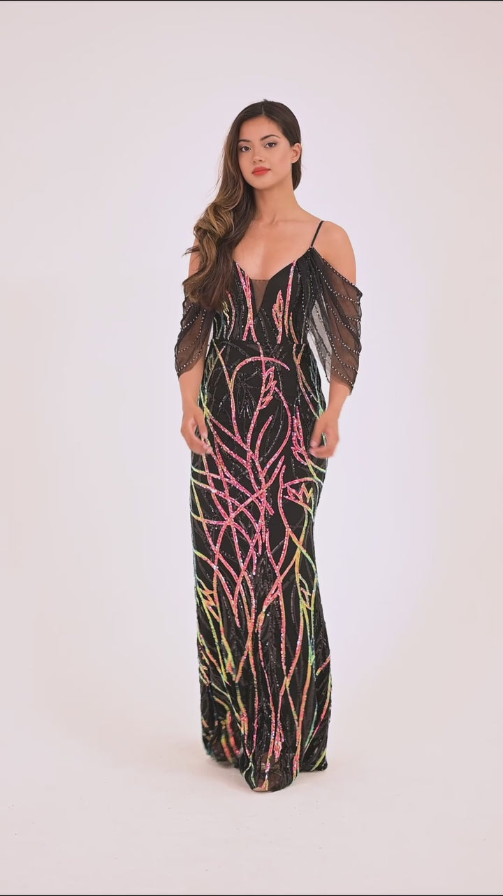 Black 3D Swirled Sequin Embroidered Maxi Dress