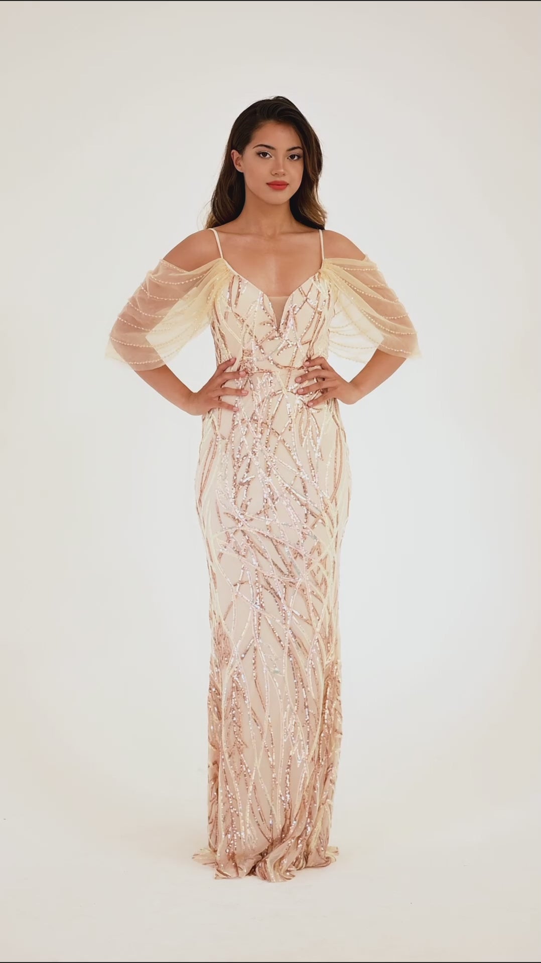 Champagne 3D Swirled Sequin Embroidered Maxi Dress