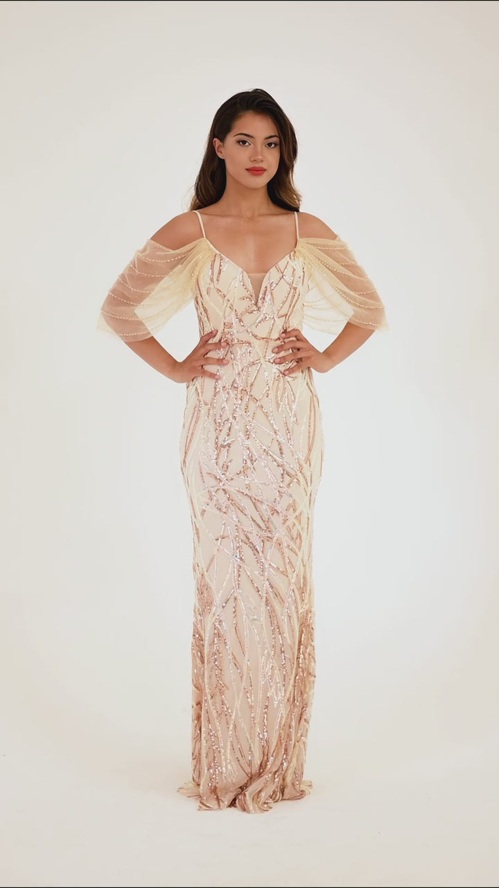 Champagne 3D Swirled Sequin Embroidered Maxi Dress