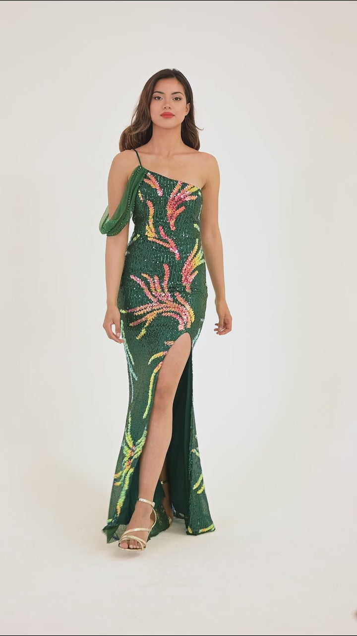 Emerald Green Sequin Embroidered Side Split Maxi Dress