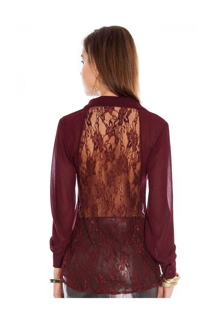 Lace Back Fullsleeve Chiffon Shirt in Wine - Back View