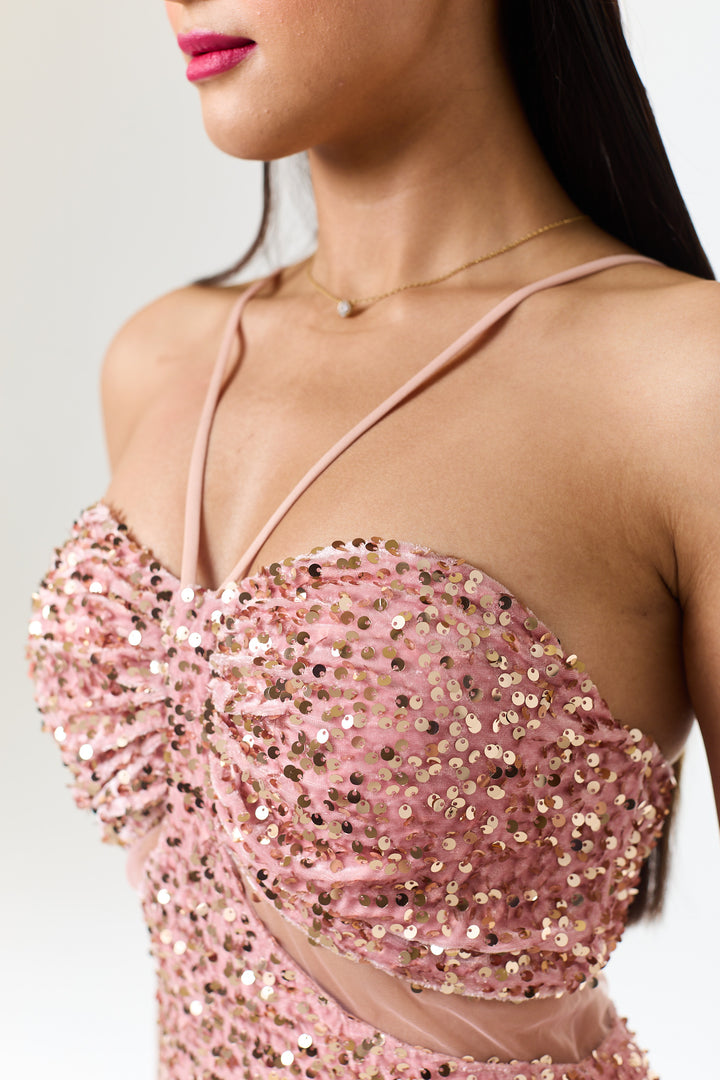 Rose Pink Bandeau Sequin Maxi Dress