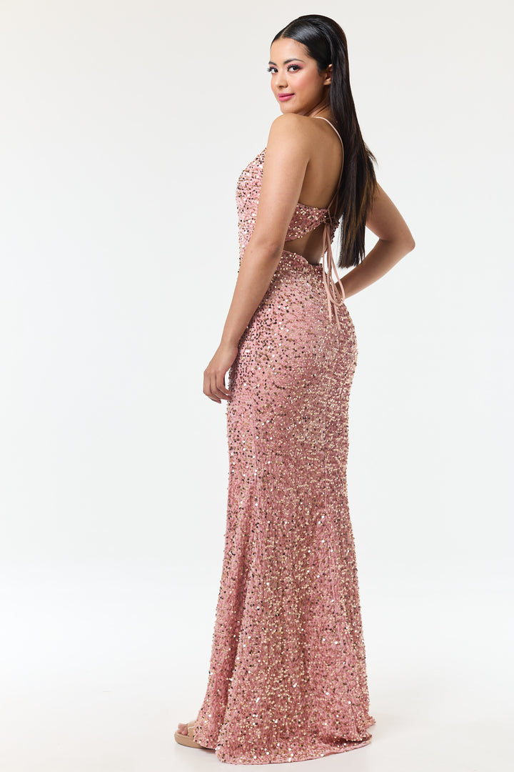 Rose Pink Side Slit Sequin Maxi Dress