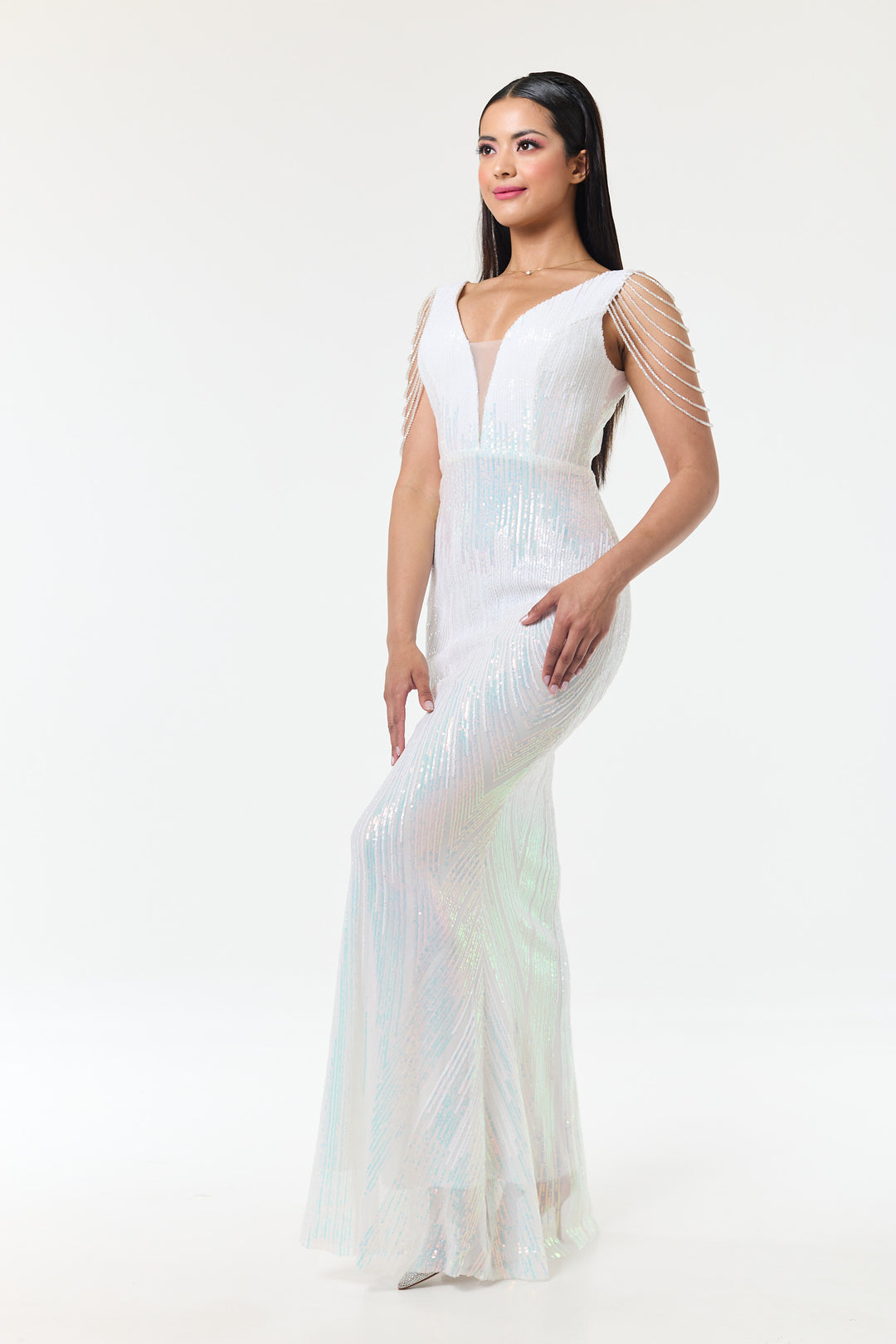 White Jewelled Shoulder Sequin Maxi Dress