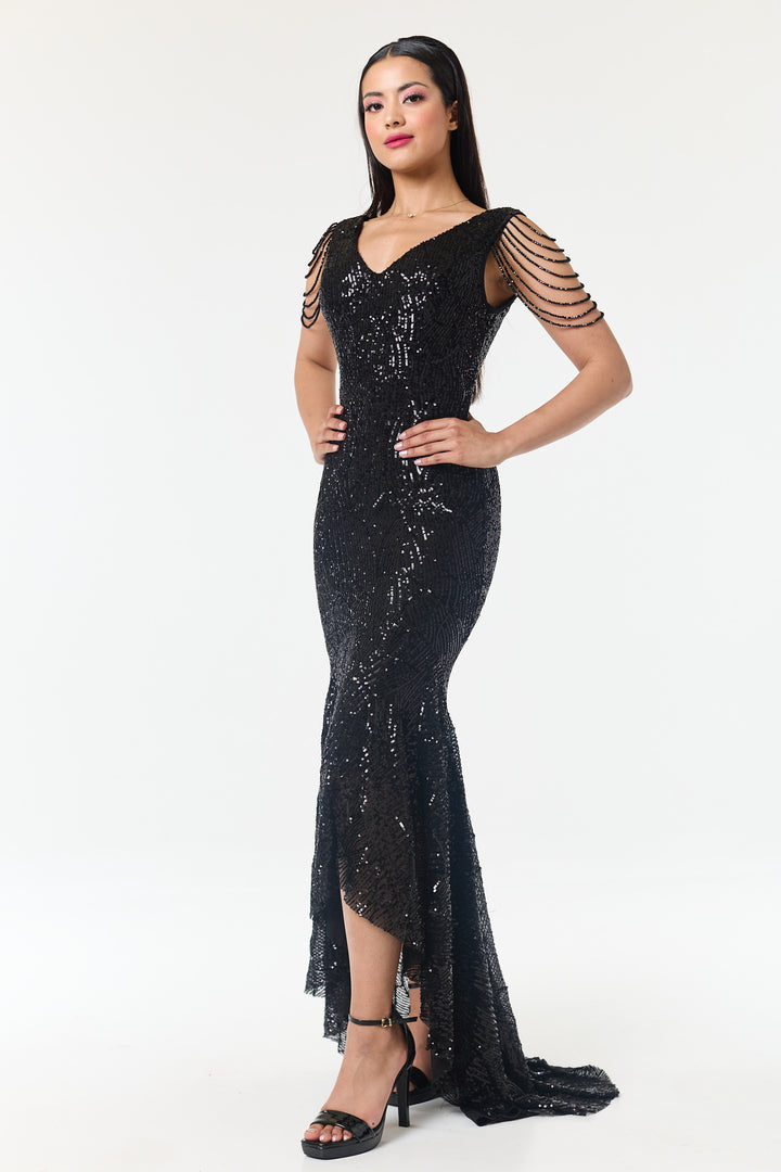 Black Jewelled Sleeve Hi-Lo Sequin Dress