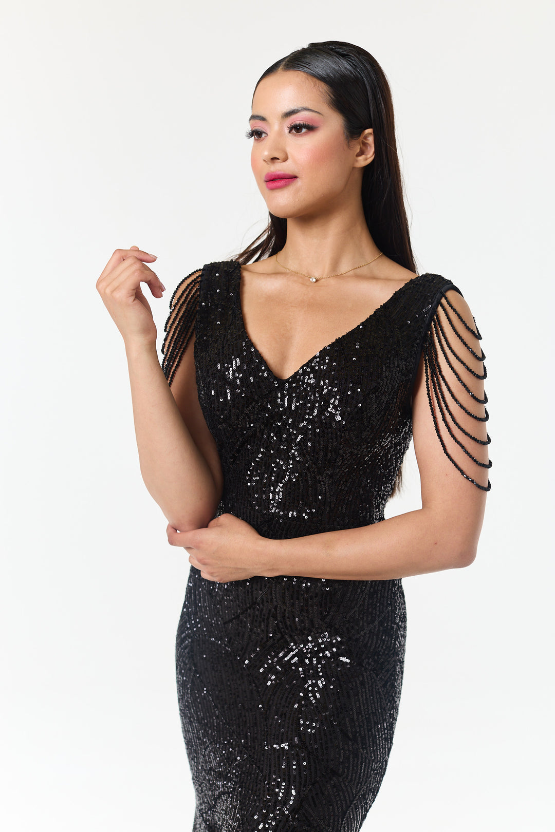 Black Jewelled Sleeve Hi-Lo Sequin Dress