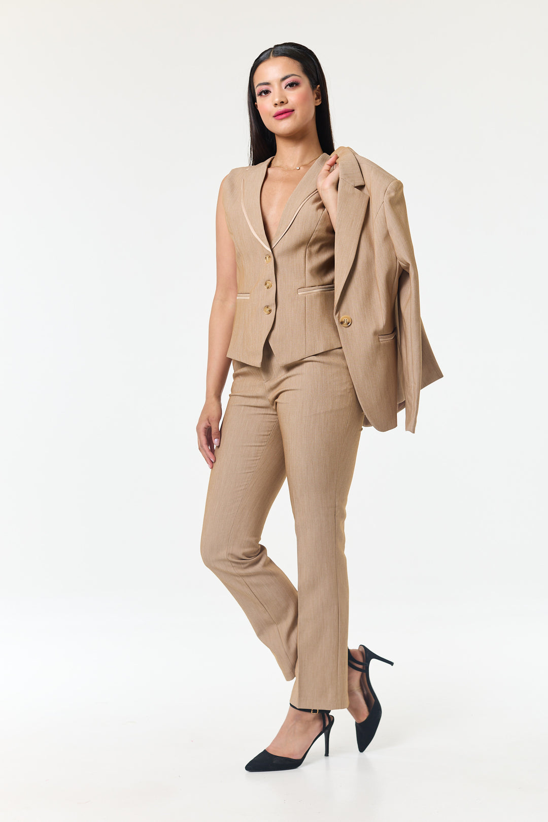 Beige 3-piece Pantsuit for Women, Beige Blazer Trouser Suit for
