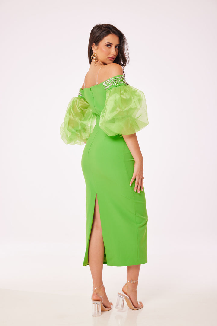 Green Puff Sleeved Bodycon Midi Dress