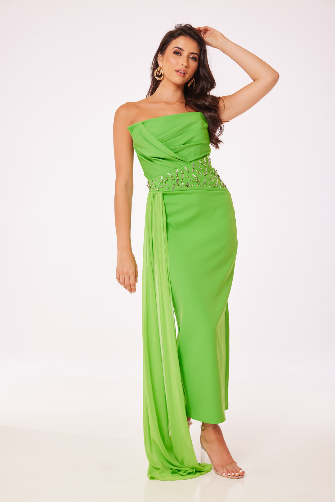 Green Strapless Jewelled Drape Midi Dress