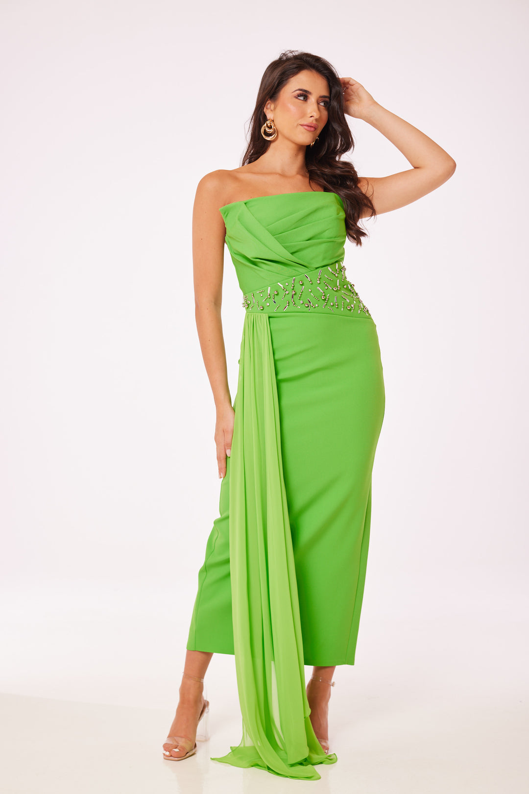 Green Strapless Jewelled Drape Midi Dress