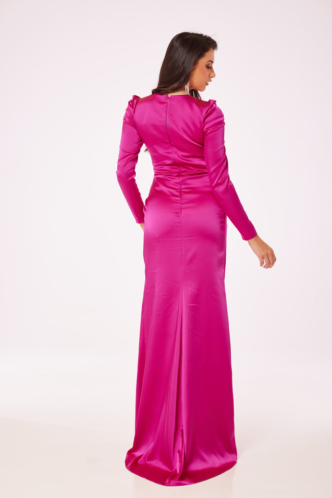 Fuschia Long Sleeve Side Slit Maxi Dress