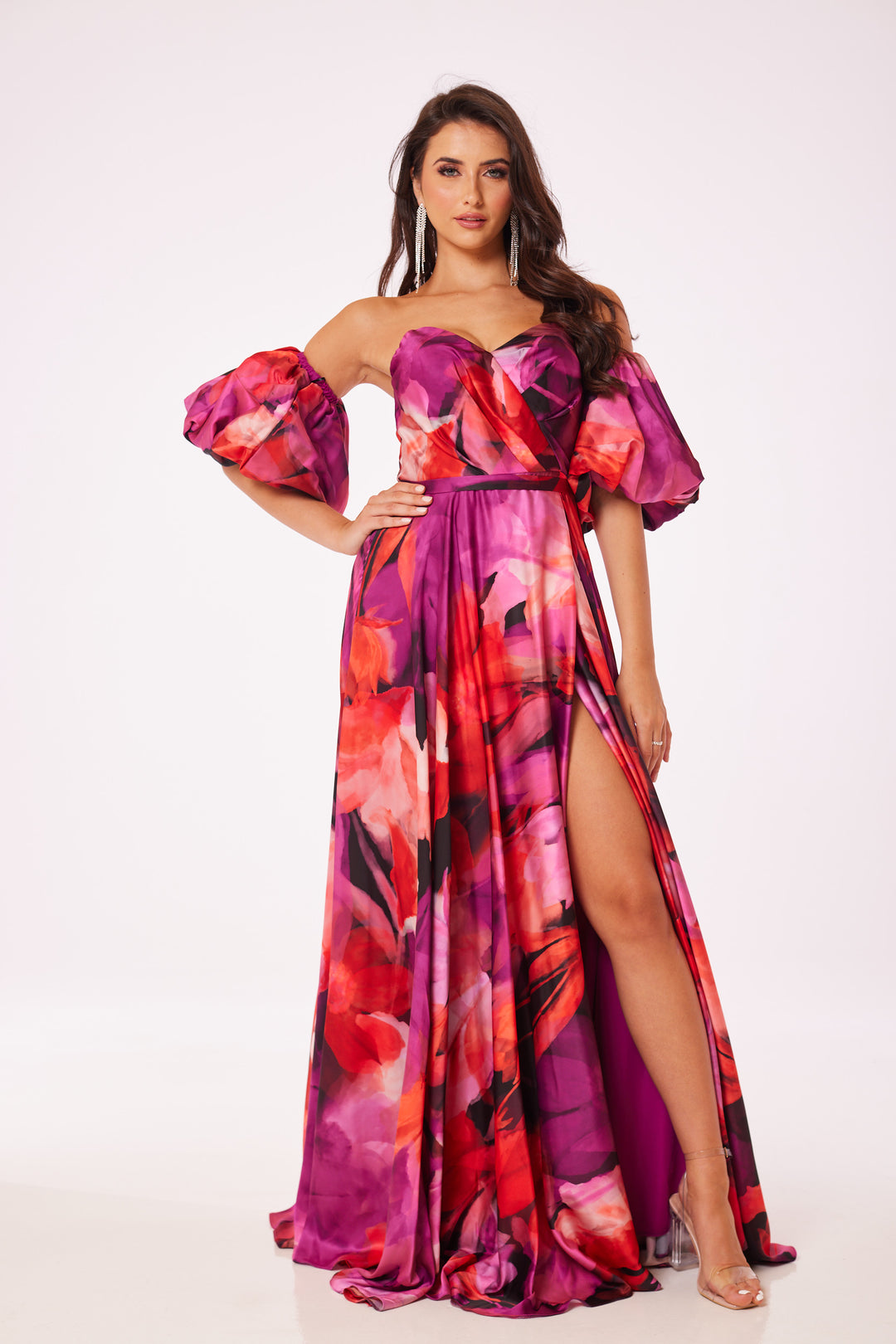 Floral Puff Sleeved Side Slit Maxi Dress