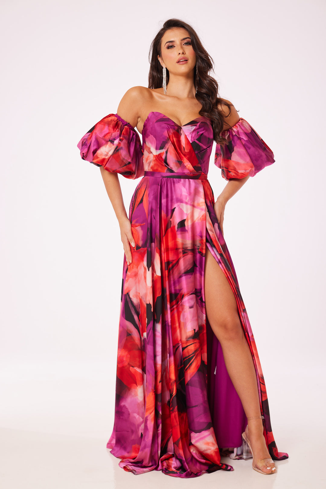 Floral Puff Sleeved Side Slit Maxi Dress
