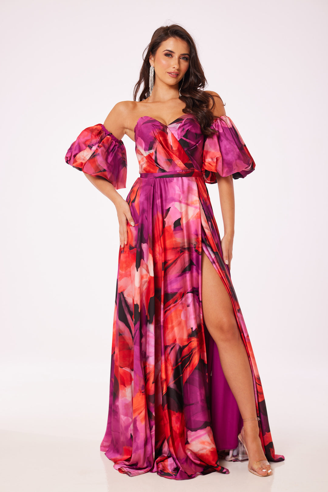 Floral Puff Sleeved Side Slit Maxi Dress