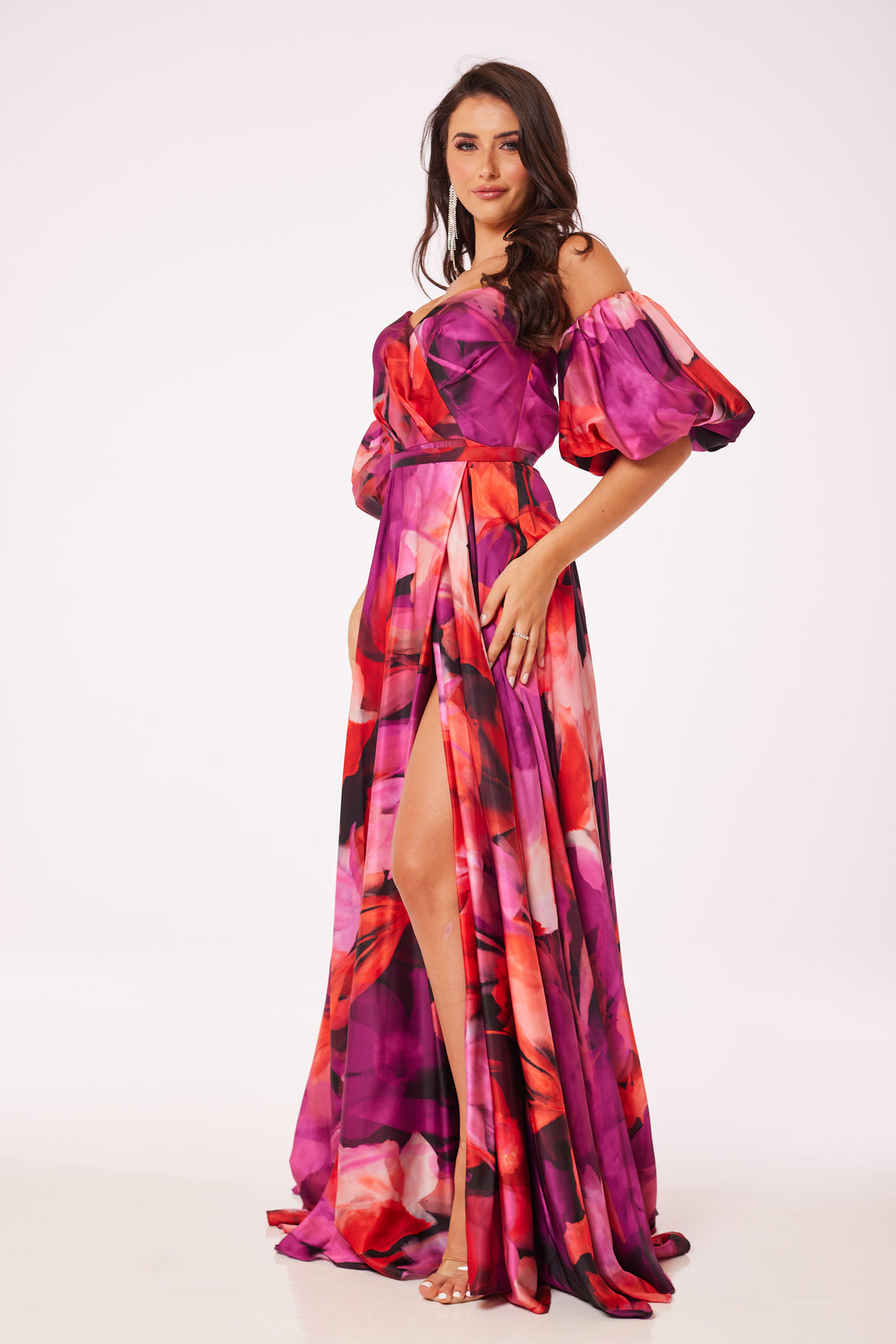 Floral Puff Sleeved Side Slit Maxi Dress