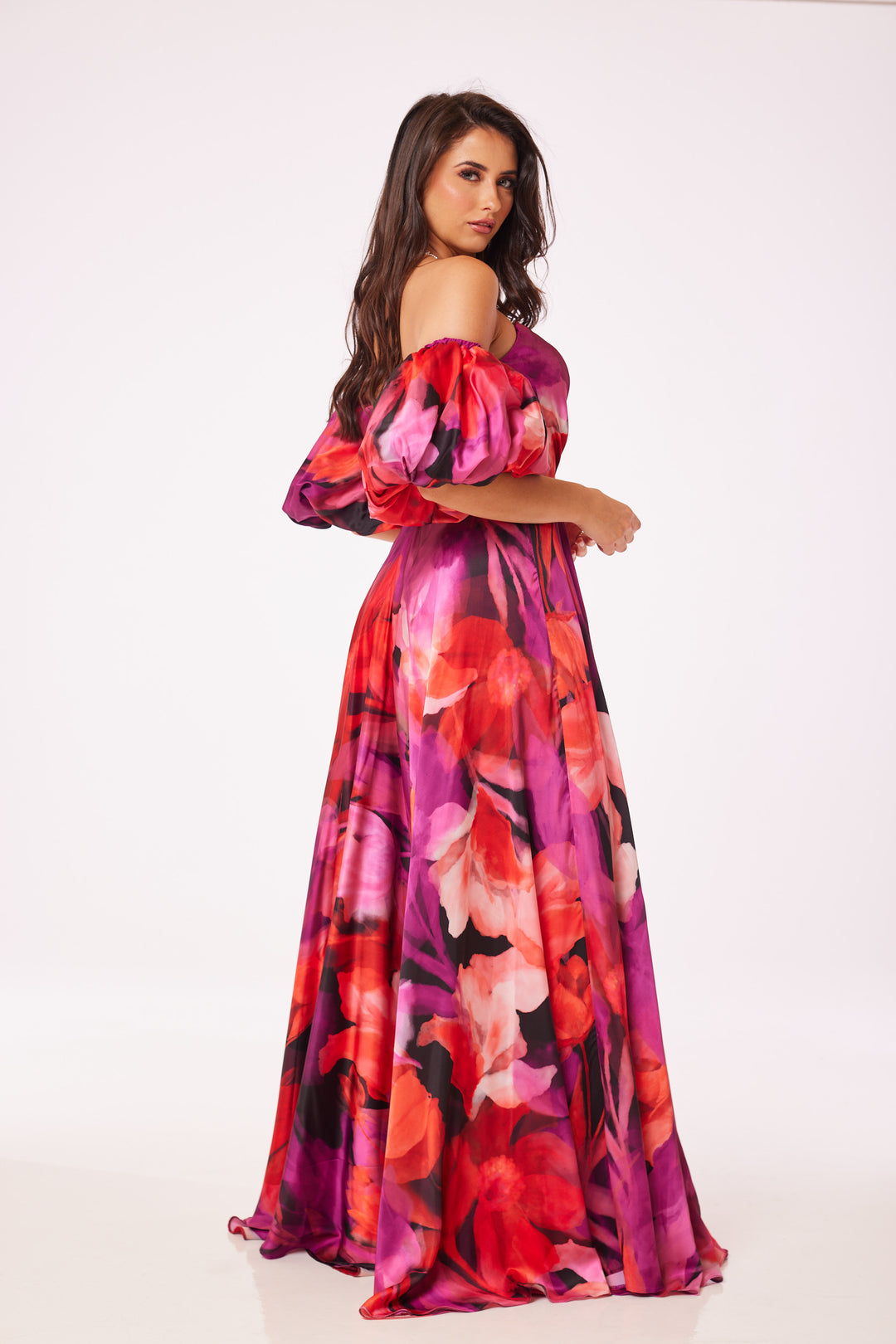 Floral Puff Sleeved Side Slit Maxi Dress