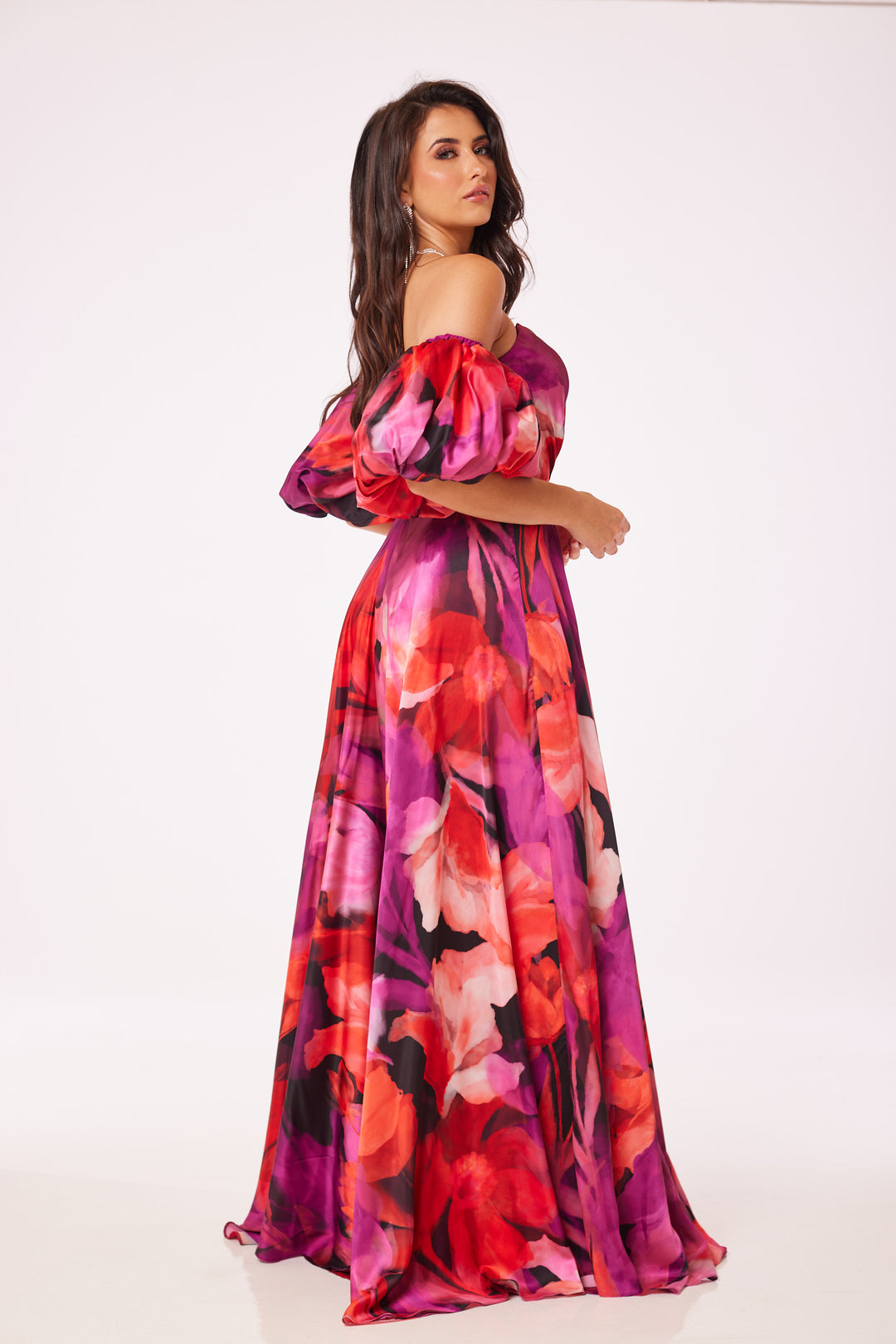 Floral Puff Sleeved Side Slit Maxi Dress