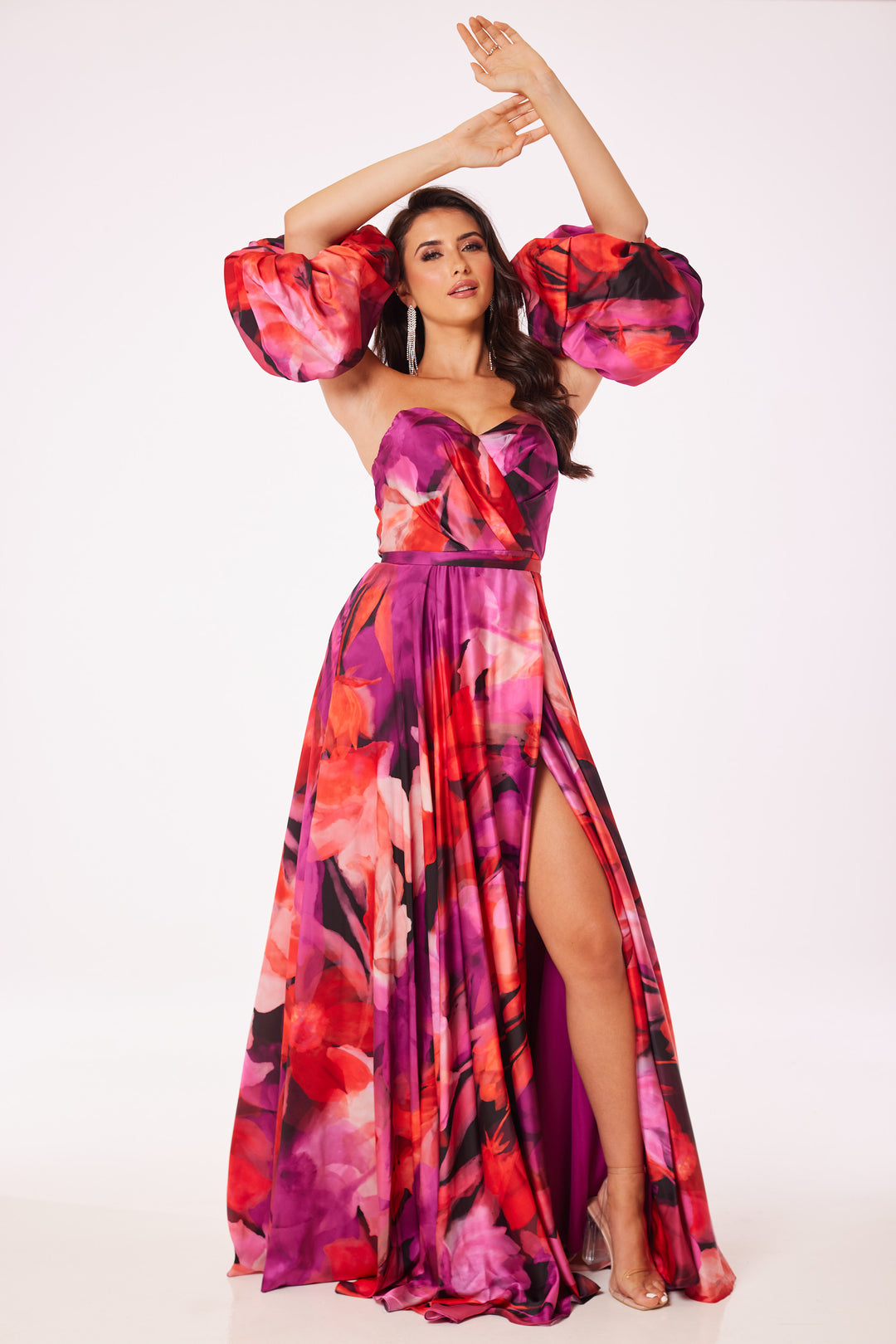 Floral Puff Sleeved Side Slit Maxi Dress