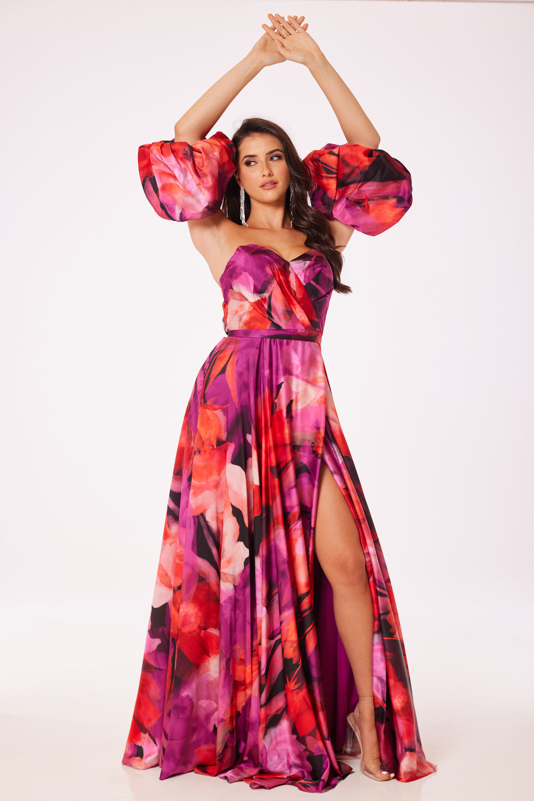 Floral Puff Sleeved Side Slit Maxi Dress